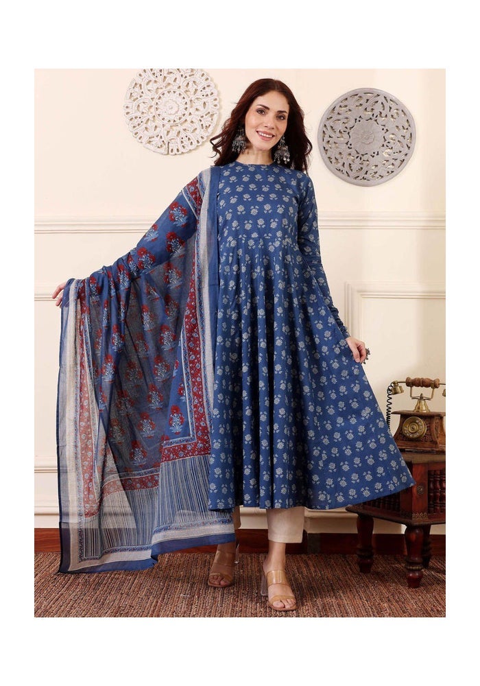 Malishka Export Blue Rayon Printed Anarkali Kurta Pant With Dupatta for Women - Image 4
